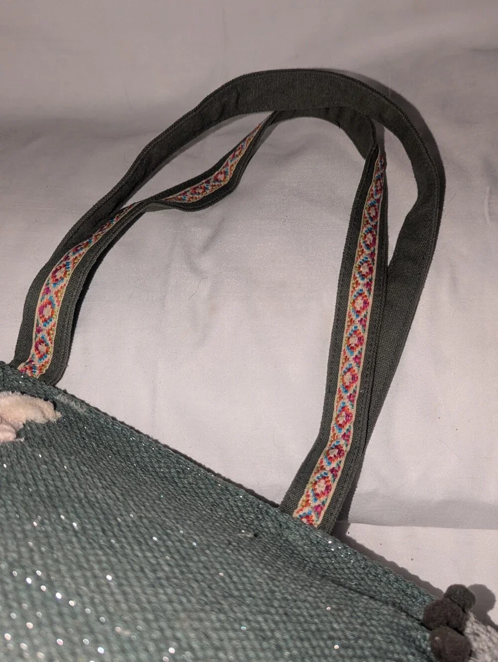 America & Beyond Green Llama Embroidered Tote Bag with Pom Trim